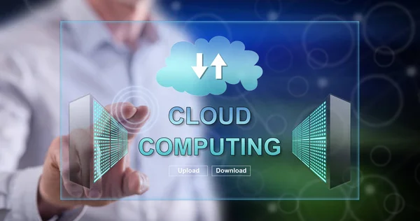 Mann Berührt Cloud Computing Konzept Mit Dem Finger Auf Touchscreen — Stockfoto