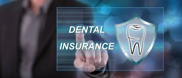 Man Touching Dental Insurance Concept Touch Screen His Finger — Stock Photo, Image