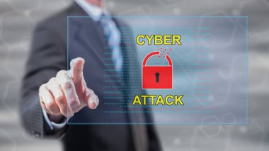 Adam dokunmatik ekranda parmaklarıyla siber saldırı konseptine dokunuyor.