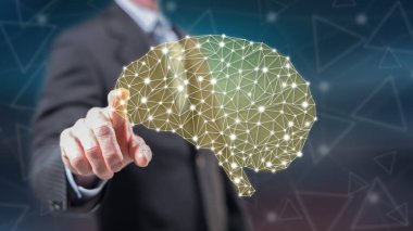Adam dokunmatik ekranda parmaklarıyla bir zeka kavramına dokunuyor.