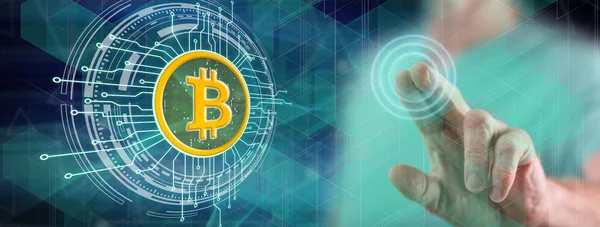 Uomo Toccare Concetto Valuta Bitcoin Touch Screen Con Dito — Foto Stock