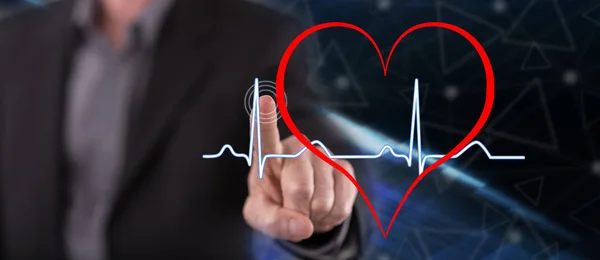 Man Touching Heart Beats Graph Touch Screen His Finger — Stock Photo, Image