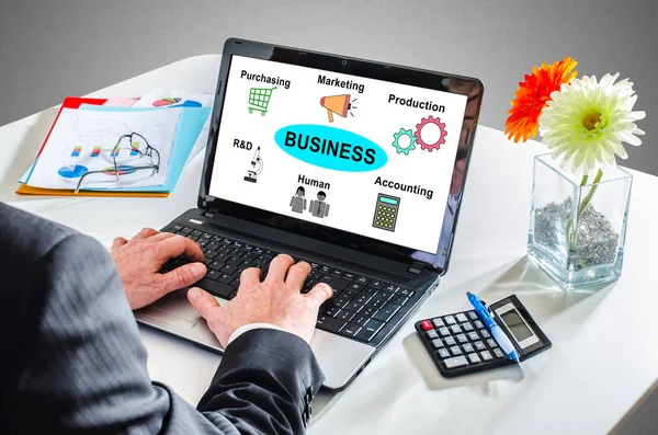 Man Typing Laptop Showing Business Structure Concept — Stock Photo, Image