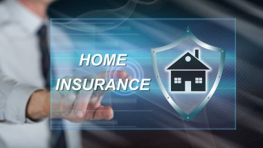 Bir ev sigorta kavramı onun parmak dokunmatik ekranlı cep bilgisayarlarda dokunmadan adam