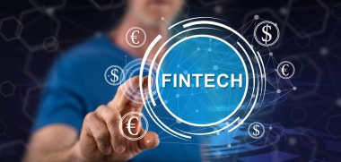 Fintech kavramı onun parmak dokunmatik ekranlı cep bilgisayarlarda dokunmadan adam