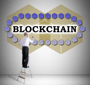 Adam blockchain teknoloji kavramı bir duvara çizim merdiven