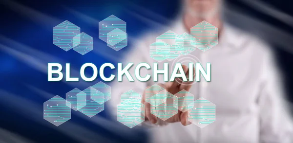 Man Touching Blockchain Concept Touch Screen His Finger — Stock Photo, Image