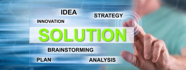 Dokunmatik ekranda çözelti konseptine parmağıyla dokunan adam.