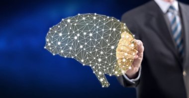 Adam bir zeka kavramı bir dokunmatik ekran üzerinde bir stylus kalem ile dokunmak