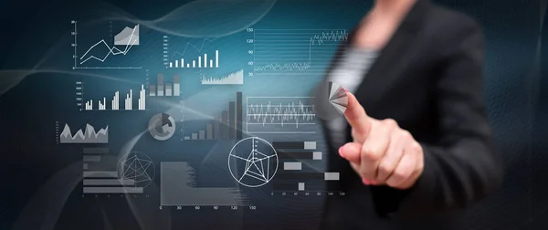 Bir kadın dokunmatik ekranda finansal analiz kavramına dokunuyor.