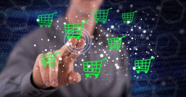 Adam dokunmatik ekranda bir e-ticaret konseptine parmağıyla dokunuyor.