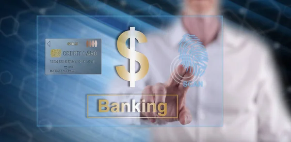 Man Touching Banking Security Concept Touch Screen His Finger — Stock Photo, Image