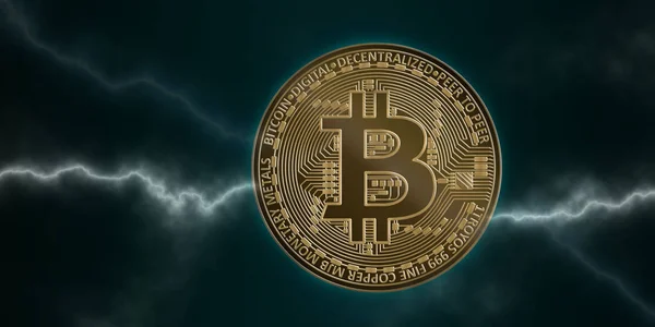 Bitcoin Sobre Fondo Oscuro Con Relámpago — Foto de Stock