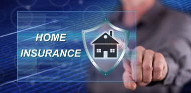 Bir ev sigorta kavramı onun parmak dokunmatik ekranlı cep bilgisayarlarda dokunmadan adam