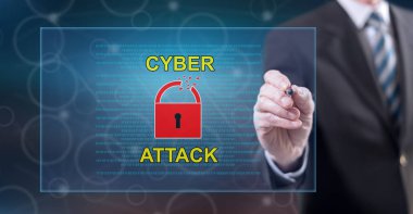 Dokunmatik ekranda stil kalemiyle siber saldırı kavramına dokunan adam.