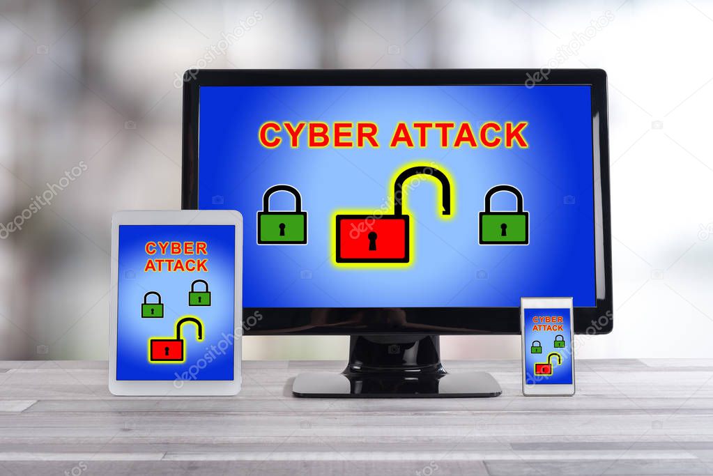 Cyber attack concept shown on different information technology devices