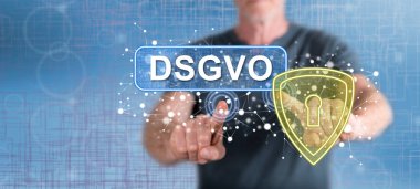 Gdpr kavramı (Almanca bir metnin dsgvo) onun parmak dokunmatik ekranlı cep bilgisayarlarda dokunmadan adam