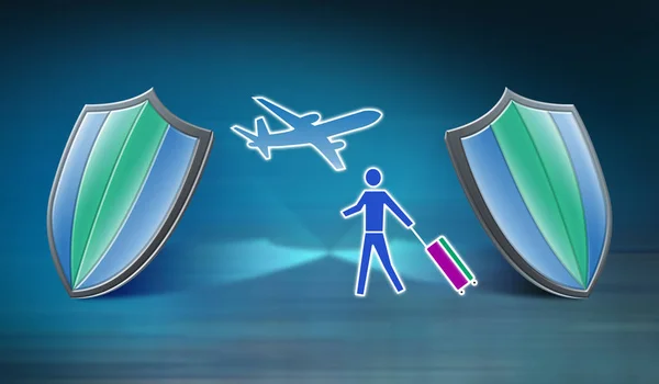 Traveller and plane between shields, travel insurance concept