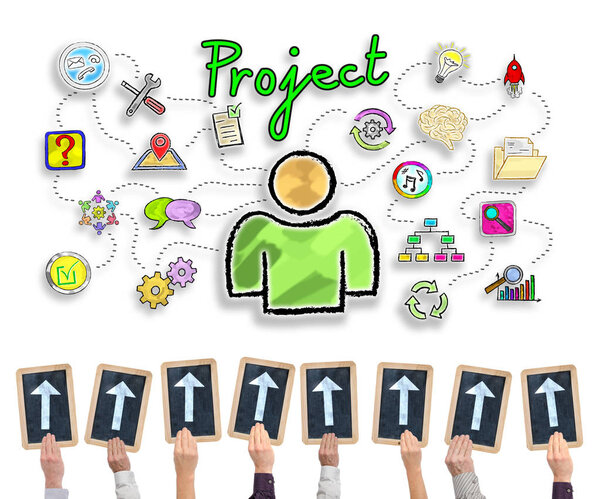 Hands holding writing slates with arrows pointing on project concept