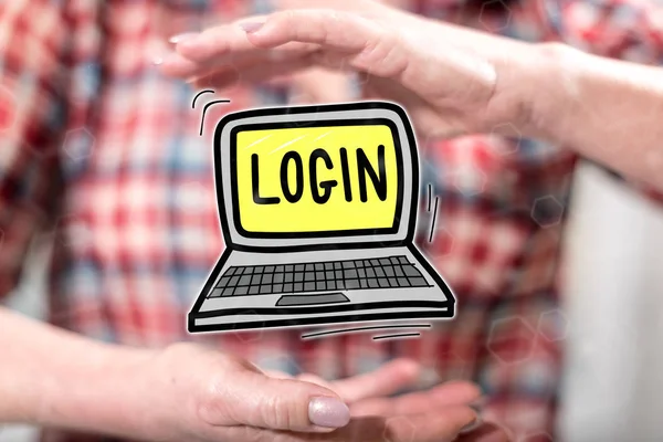 Login concept between hands of a woman in background