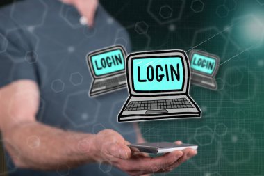 Arka planda bir adam tarafından düzenlenen bir smartphone üzerinde oturum açma kavramı