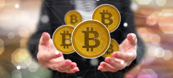 Концепція Bitcoin Над Руками Жінки Задньому Плані — стокове фото