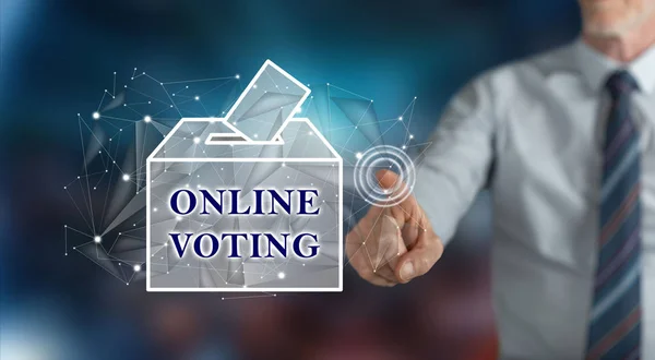 Uomo Che Tocca Concetto Voto Online Touch Screen Con Dito — Foto Stock