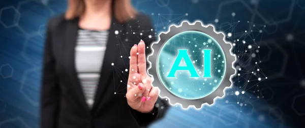 Woman Touching Artificial Intelligence Concept Touch Screen Her Fingers — Stock Photo, Image