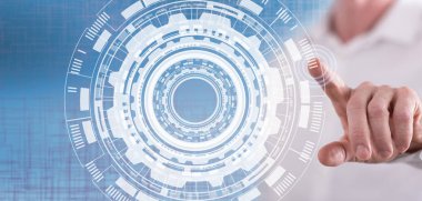 Adam bir teknoloji kavramı onun parmak dokunmatik ekranlı cep bilgisayarlarda dokunmadan