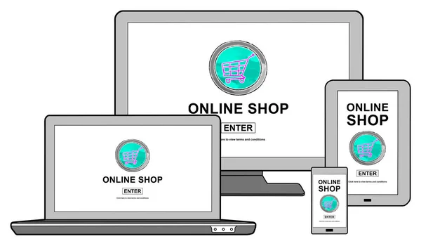 Online Shop Konzept Auf Verschiedenen Geräten Der Informationstechnologie — Stockfoto