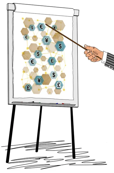 Hand Zeigt Währungsnetzwerk Konzept Auf Flipchart — Stockfoto