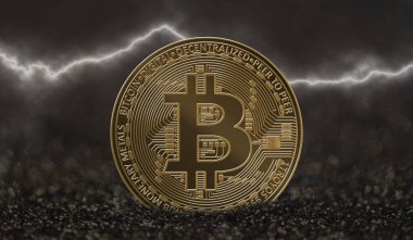 Bitcoin sikke yıldırım ile koyu arka plan üzerinde