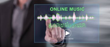 Adam bir online müzik kavramı onun parmak dokunmatik ekranlı cep bilgisayarlarda dokunmadan