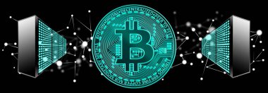 Bitcoin para koyu arka plan ile ağ üzerindeki bilgisayarlar arasında