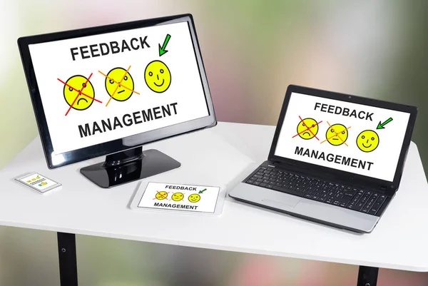 Feedback management concept shown on different information technology devices