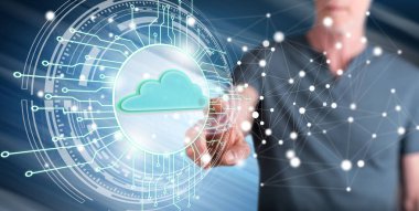 Adam dokunmatik ekranda bulut hesaplama sistemine parmağıyla dokunuyor.