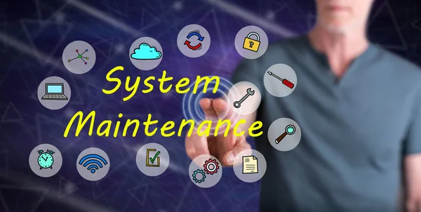 Man touching a system maintenance concept on a touch screen with his finger