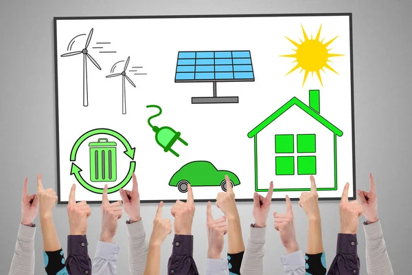 Clean Energy Konzept Auf Whiteboard Mit Mehreren Fingern — Stockfoto