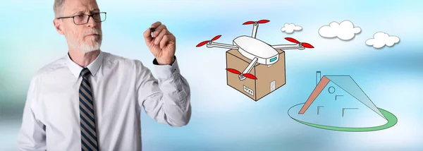 Podnikatel výkresu dron doručení koncept — Stock fotografie