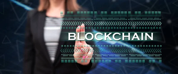 Woman Touching Blockchain Concept Touch Screen Her Fingers — Stock Photo, Image