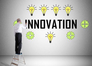 Adam bir duvara yenilik konsepti çizim merdiven