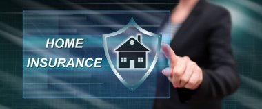 Bir ev sigorta kavramı onun parmak dokunmatik ekranlı cep bilgisayarlarda dokunmadan kadın