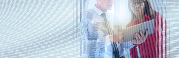 Business People Using Tablet Office Double Exposure Light Effect Panoramic — Stock Photo, Image