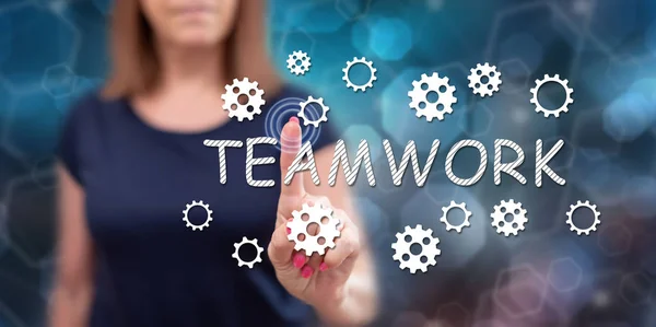 Woman Touching Teamwork Concept Touch Screen Her Finger — Stock Photo, Image