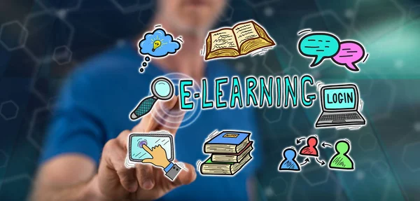 Άνθρωπος Που Αγγίζει Μια Ιδέα Learning Μια Οθόνη Αφής Δάχτυλό — Φωτογραφία Αρχείου