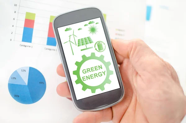 Ökoenergie Konzept Auf Dem Smartphone Der Hand — Stockfoto