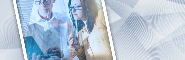 Young Businesswoman Senior Businessman Working Together Office Double Exposure Panoramic — Stock Photo, Image