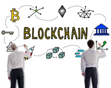 Blockchain teknoloji kavramı üzerinde beyaz bir duvar işadamları tarafından çizilmiş