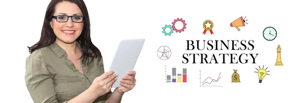 Vrouw Met Behulp Van Digitale Tablet Met Business Strategie Concept — Stockfoto