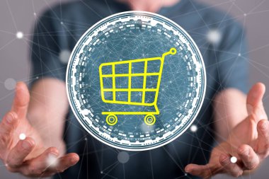 Arka planda bir adamın elleri arasında online alışveriş kavramı